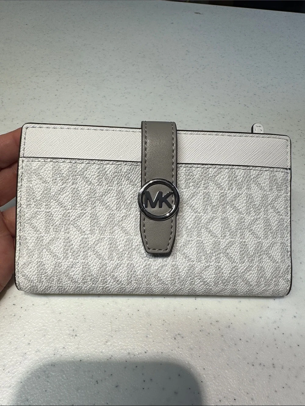 Michael Kors‎ White Wallet with Taupe Strap and Silver MK Emblem